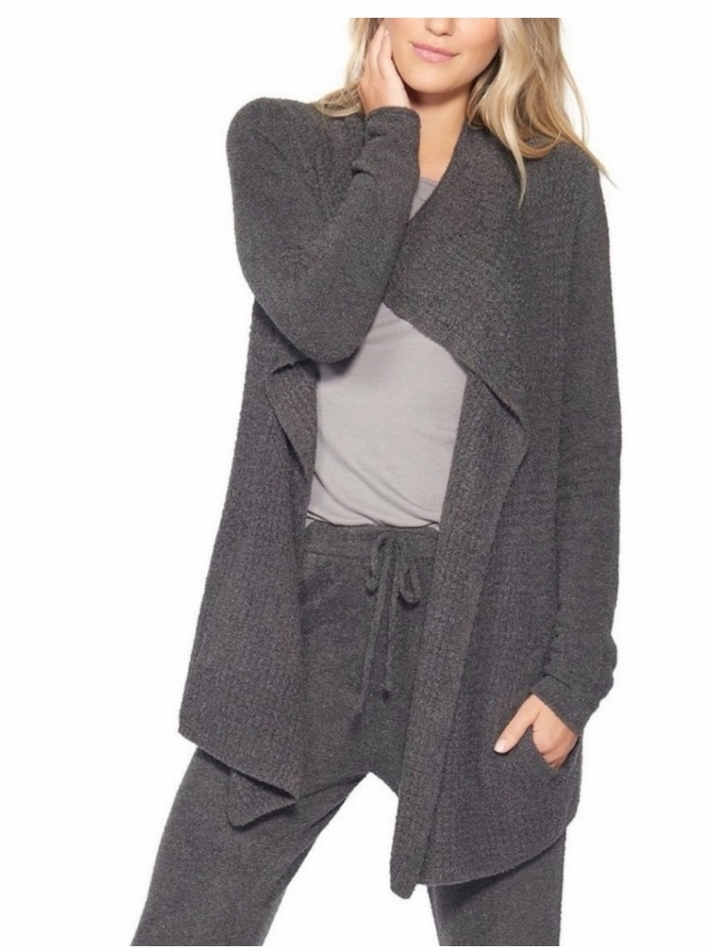 Barefoot Dreams Charcoal Draped Open-Front Knit Cardigan